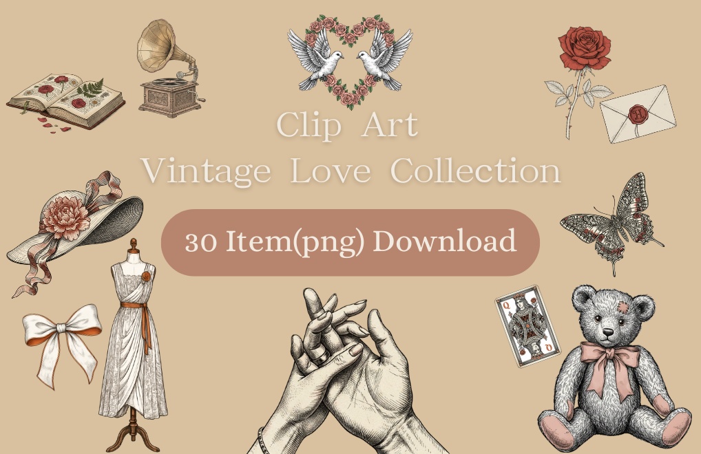 【PNG素材】大人可愛いVintage Loveコレクションクリップアートセット(全30種/手書きスタイル/背景透過)