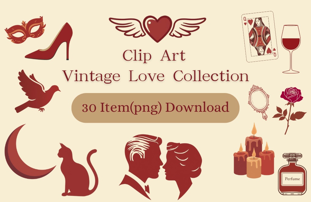 【PNG素材】大人可愛いVintage Love コレクション vol2 クリップアートセット(全30種/手書きスタイル/背景透過)