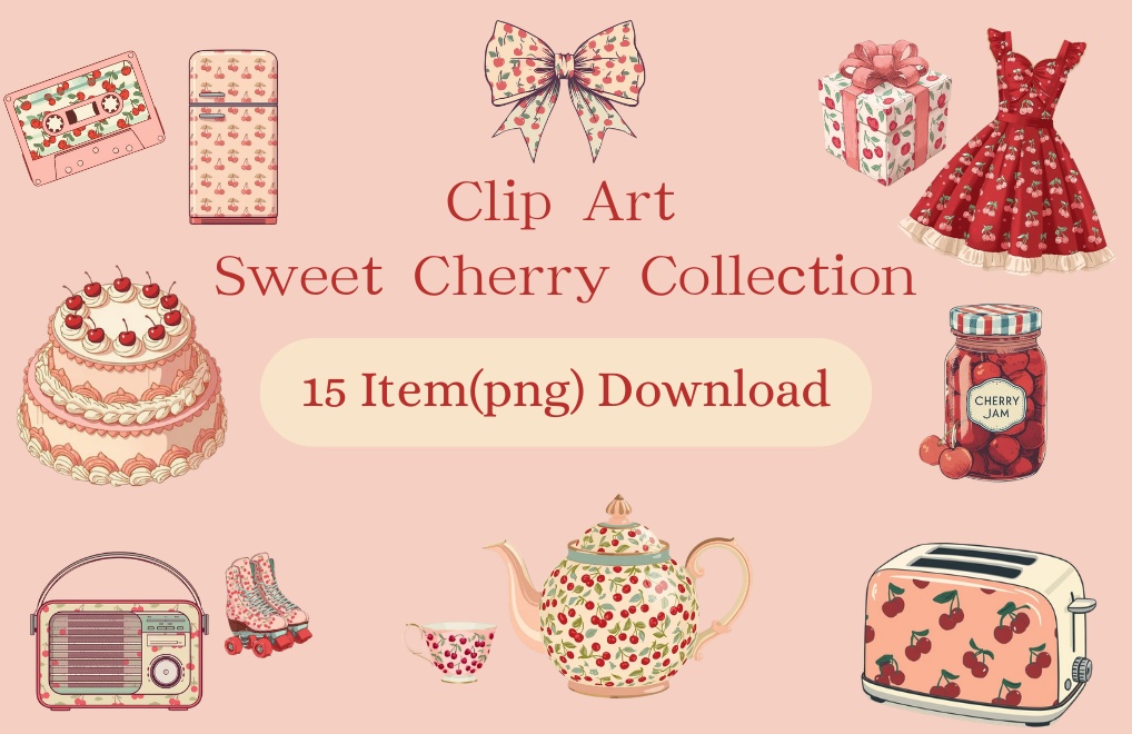 【PNG素材】大人可愛いSweet Cherry コレクションクリップアートセット(全15種/ヴィンテージスタイル/背景透過)