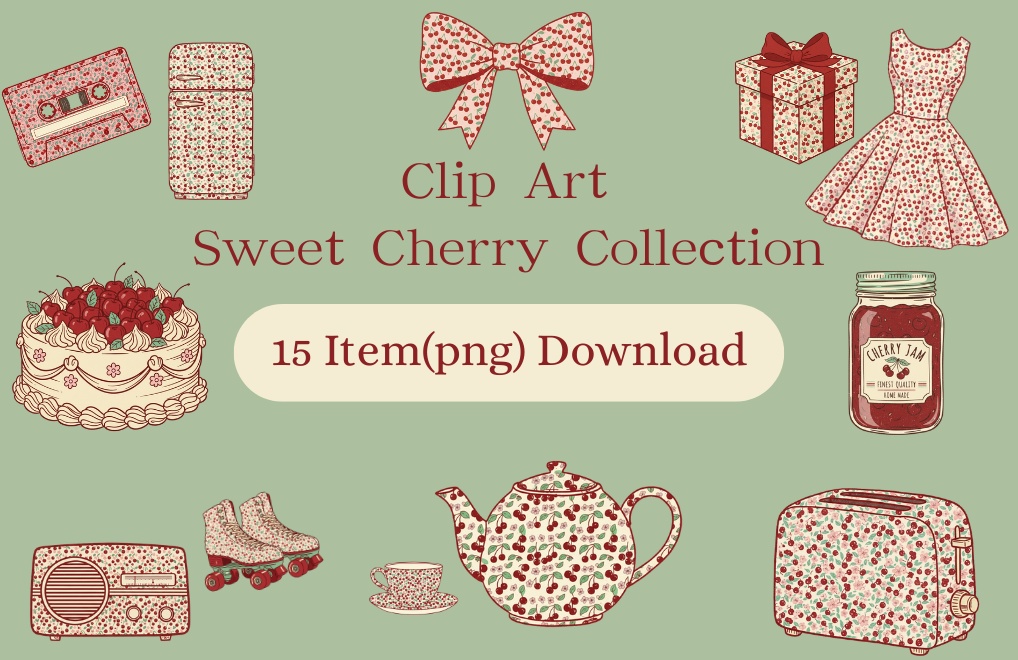 【PNG素材】大人可愛いSweet Cherry コレクションク vol2 リップアートセット(全15種/ヴィンテージスタイル/背景透過)