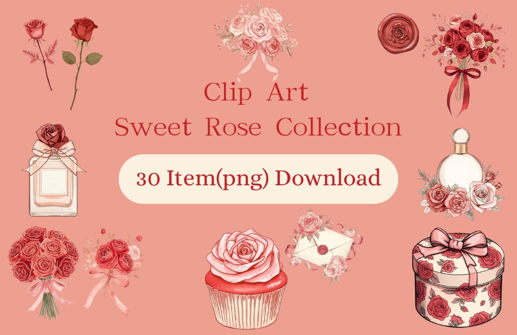 【PNG素材】大人可愛いSweet Roseコレクション クリップアートセット（全30種／水彩画スタイル／背景透過）
