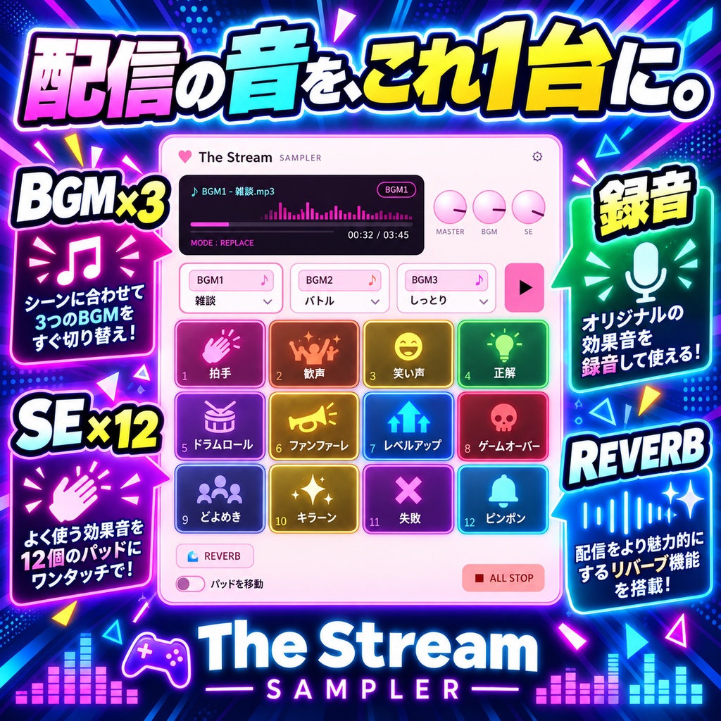 【配信者向け】押すだけで配信が盛り上がる!The Stream SAMPLER|SE・BGMをワンタッチ【Windows】
