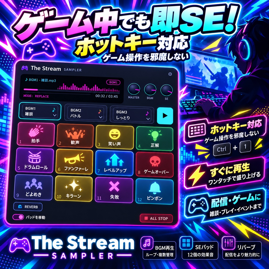 【配信者向け】押すだけで配信が盛り上がる!The Stream SAMPLER|SE・BGMをワンタッチ【Windows】
