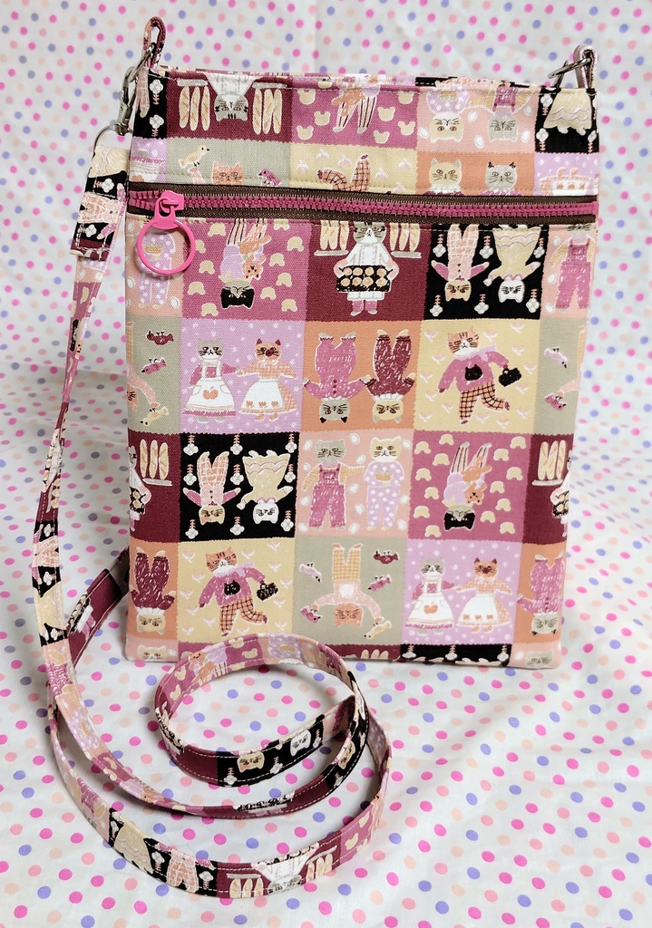 レトロ可愛い猫さんのパッチワーク風ショルダーバッグ☆ピンク