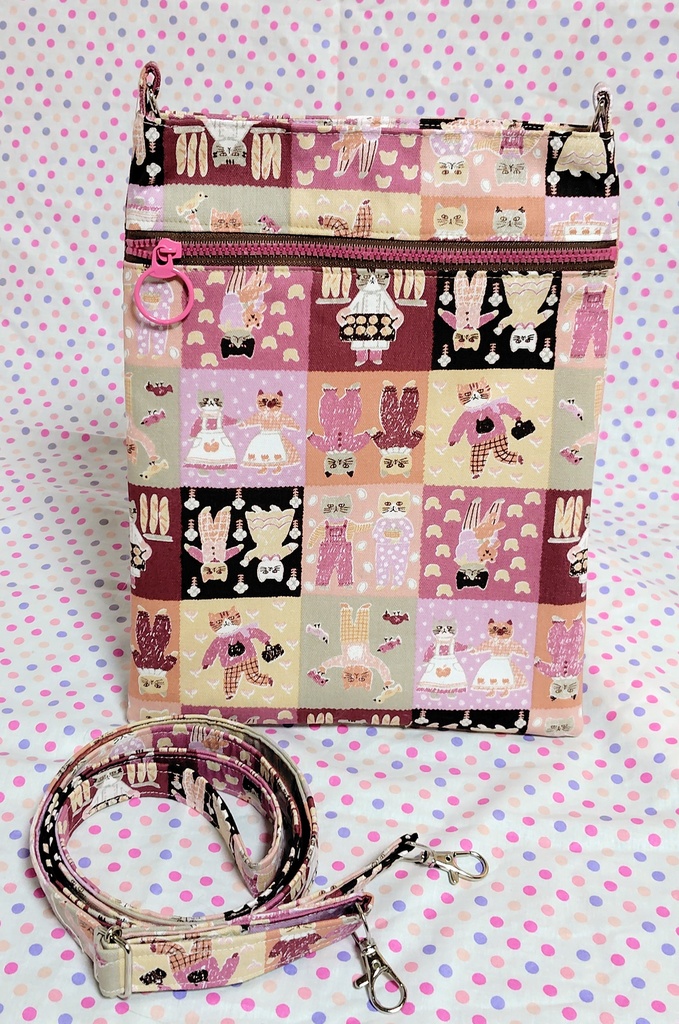 レトロ可愛い猫さんのパッチワーク風ショルダーバッグ☆ピンク