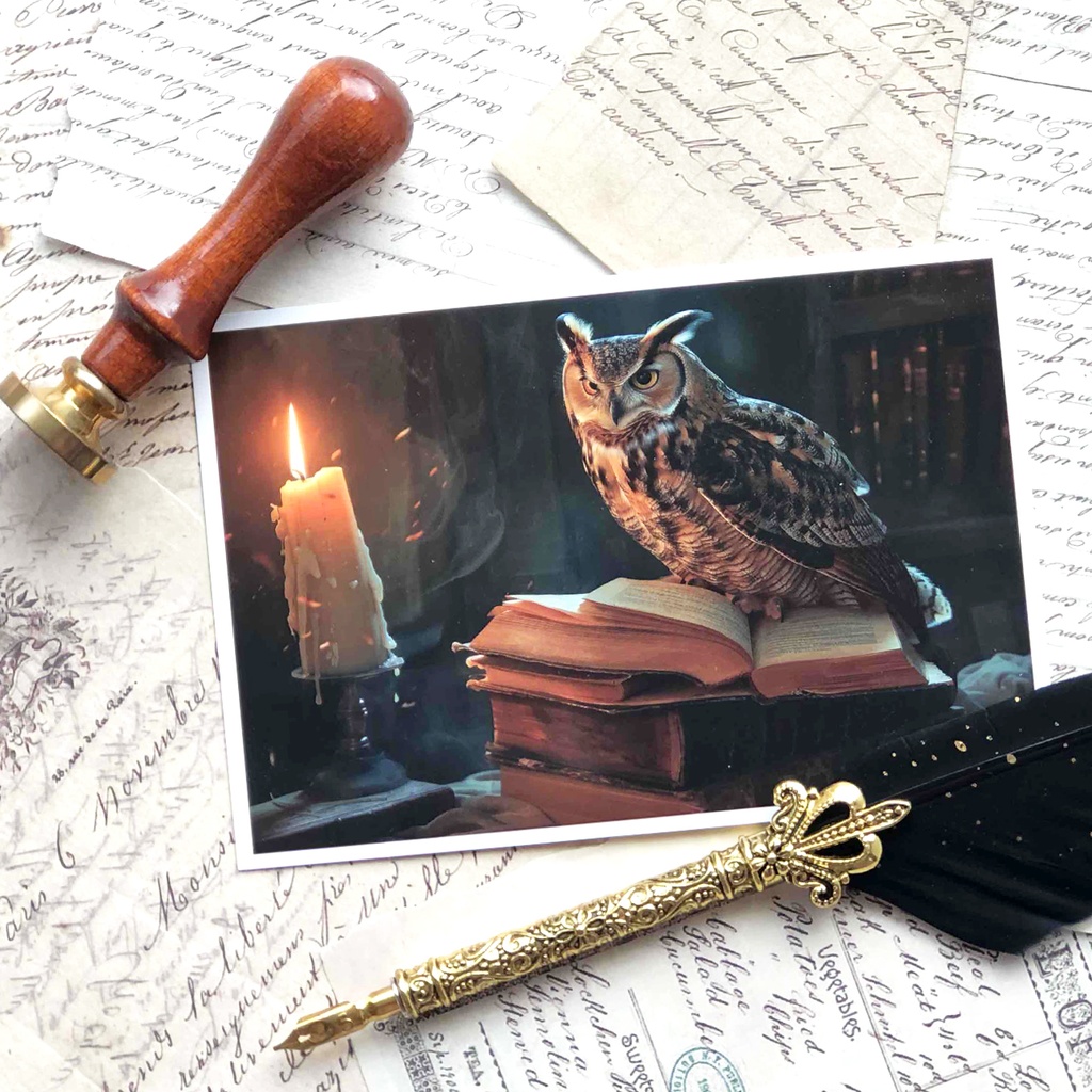 ポストカード フクロウと本