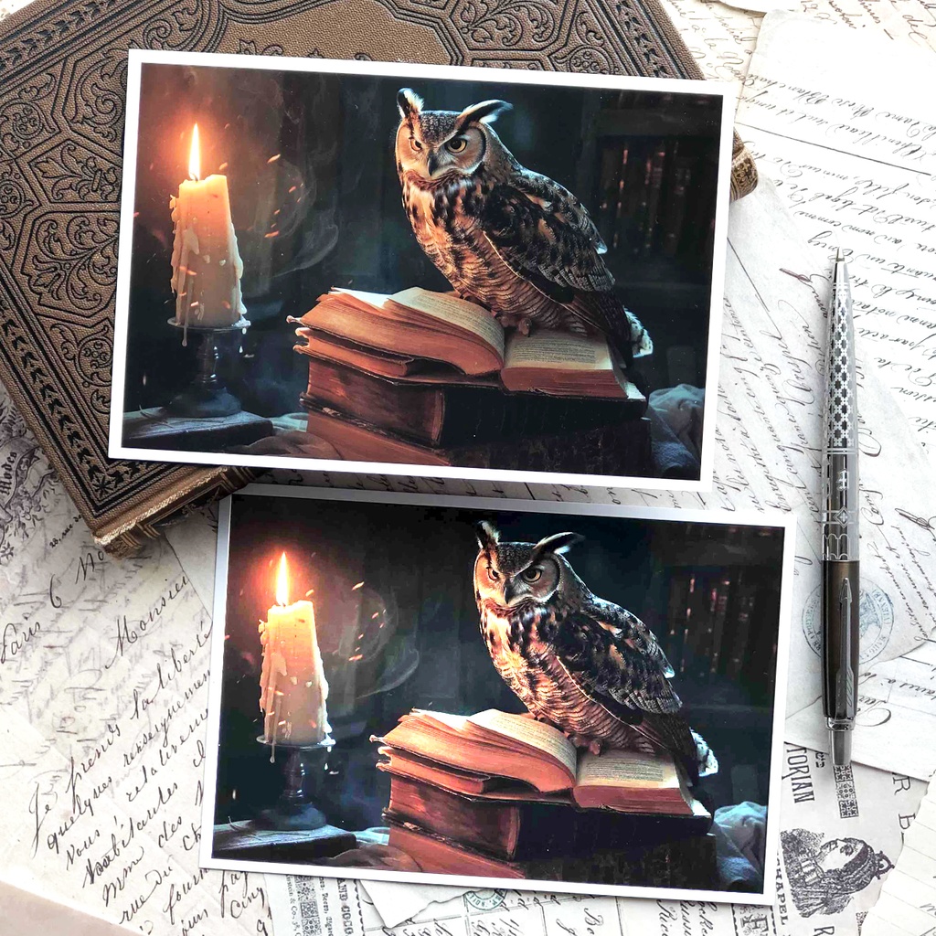 ポストカード フクロウと本