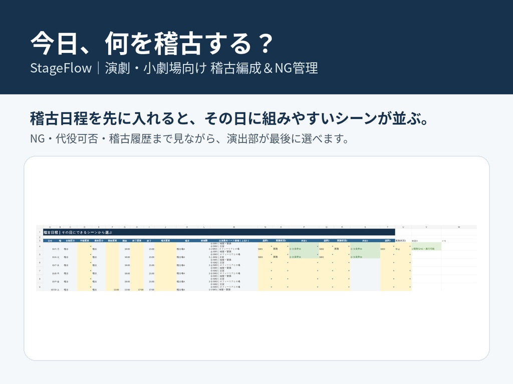 StageFlow|演劇・小劇場向け 稽古編成&NG管理 Excelテンプレート