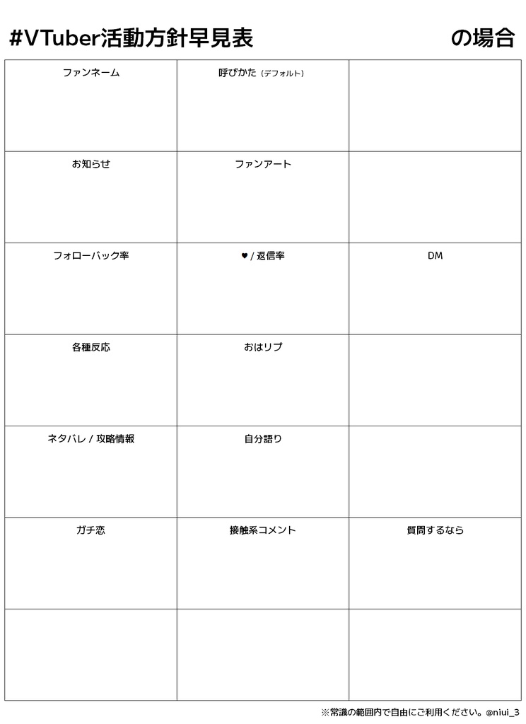 【フリー素材】#VTuber活動方針早見表 テンプレート
