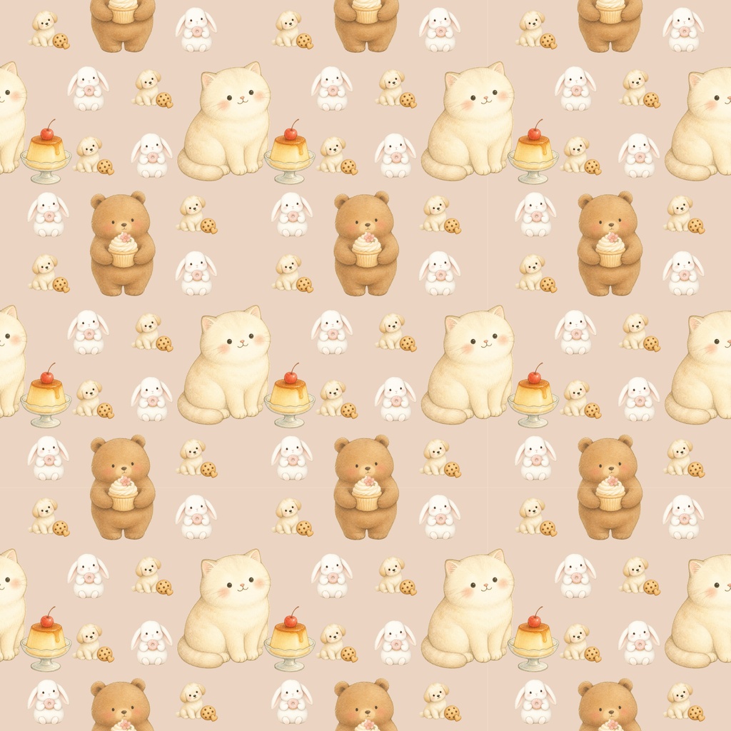 ゆるかわ動物とおやつのデジタルペーパー|動物×スイーツ柄