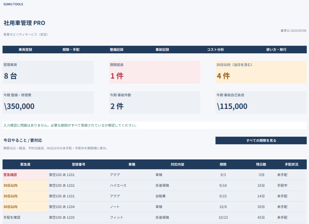 社用車管理 PRO|期限・整備・事故・コストを一元管理