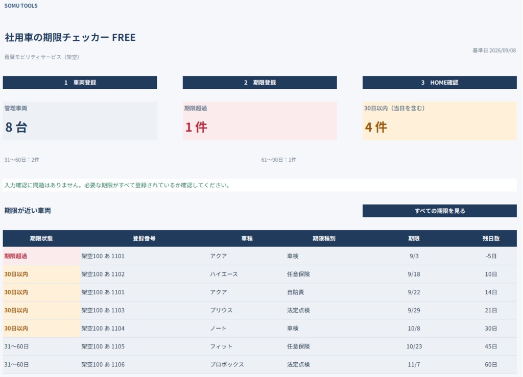 社用車管理 FREE|車検・保険などの期限管理を無料で