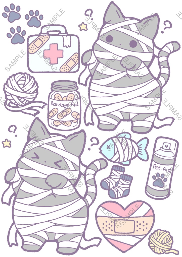 【透過PNG素材】包帯ミイラねこと救急セットイラスト詰め合わせ【ハロウィン/ゆめかわ/TRPG】