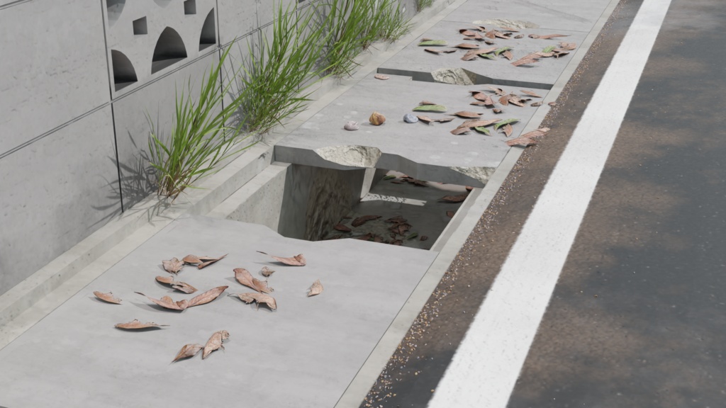 【3DCG】ブロック塀と側溝【Blender】