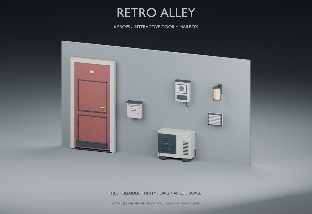 Retro Alley｜開閉ドアとポスト付き・路地の小物6点｜FBX / Blender / Unity