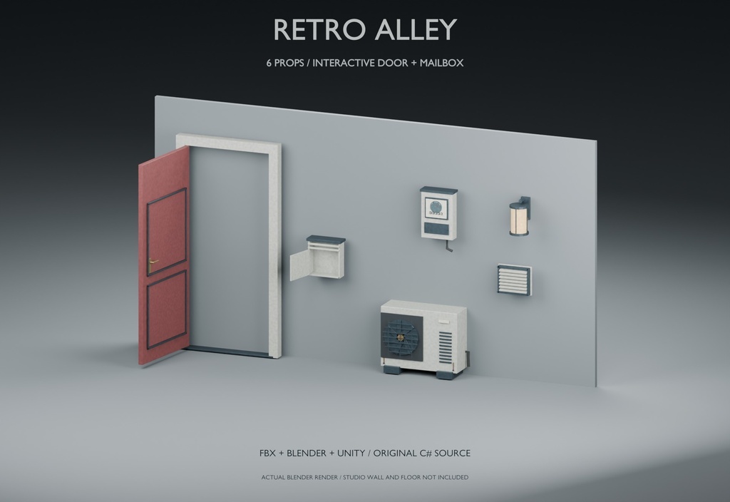 Retro Alley|開閉ドアとポスト付き・路地の小物6点|FBX / Blender / Unity