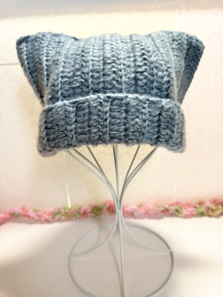 ネコ耳ニット帽 モヘア調 グレイッシュブルー