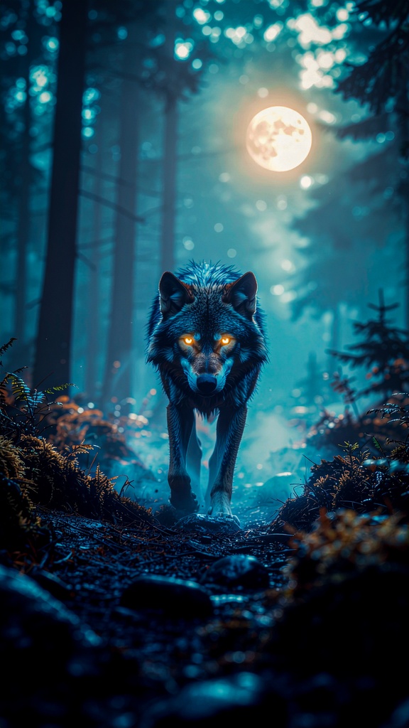森の使者 ― 月光に現れる狼 / The Wolf Messenger of the Moonlit Forest　縦型