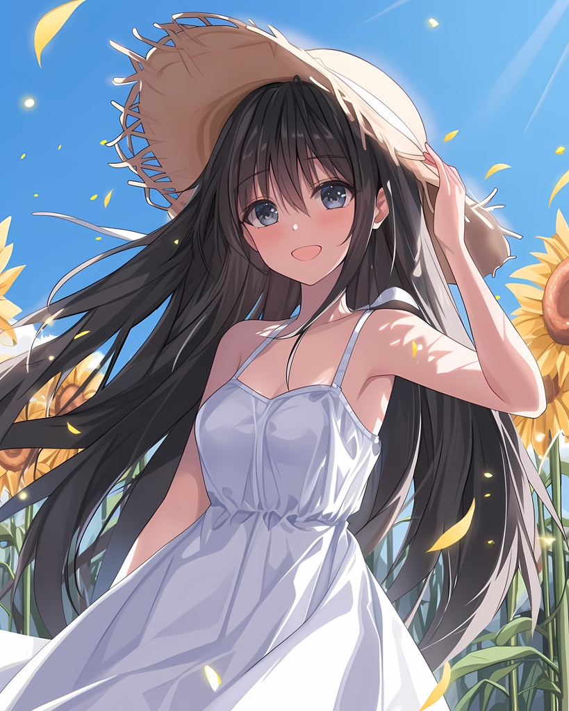 ひまわり畑の夏の少女