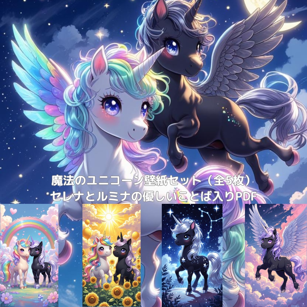魔法のユニコーン壁紙セット（5枚）｜セレナとルミナの優しいことば入りPDF