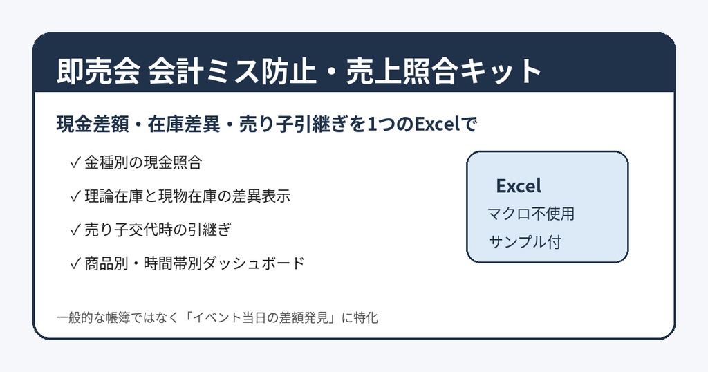 即売会 会計ミス防止・売上照合キット｜現金差額・在庫差異・売り子引継ぎ Excel
