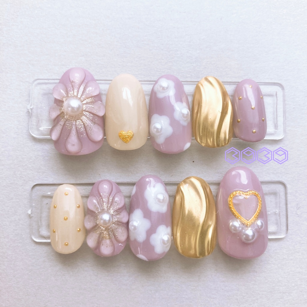 ネイルチップ　くすみパープル　フラワー