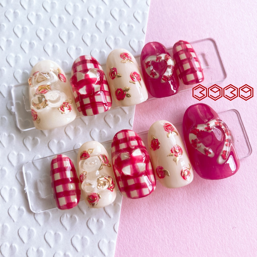 ネイルチップ クリアくまちゃん チェック柄×バラ柄