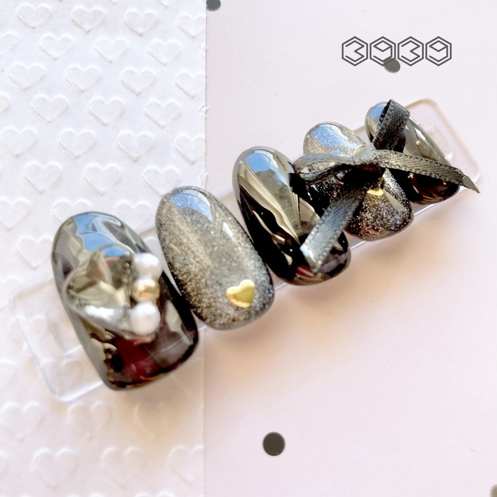 ネイルチップ リボン×ハート ブラック レッド ネイビー