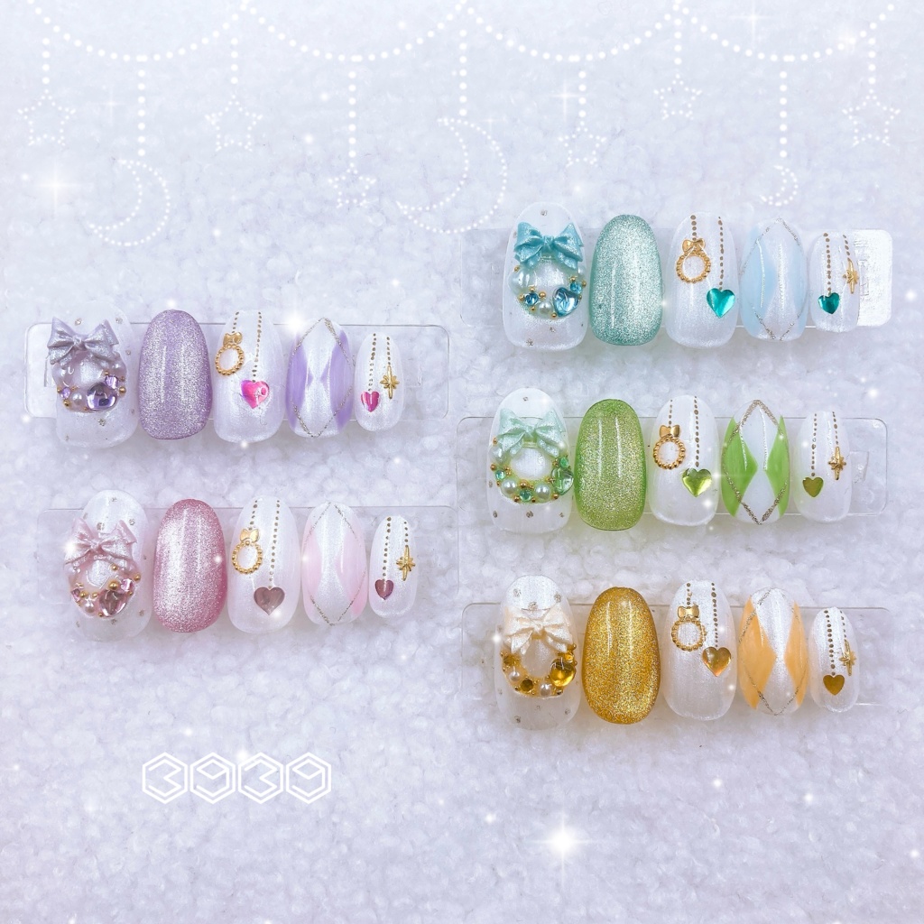 クリスマスリースネイル パープル ピンク ライトブルー ライトグリーン イエロー