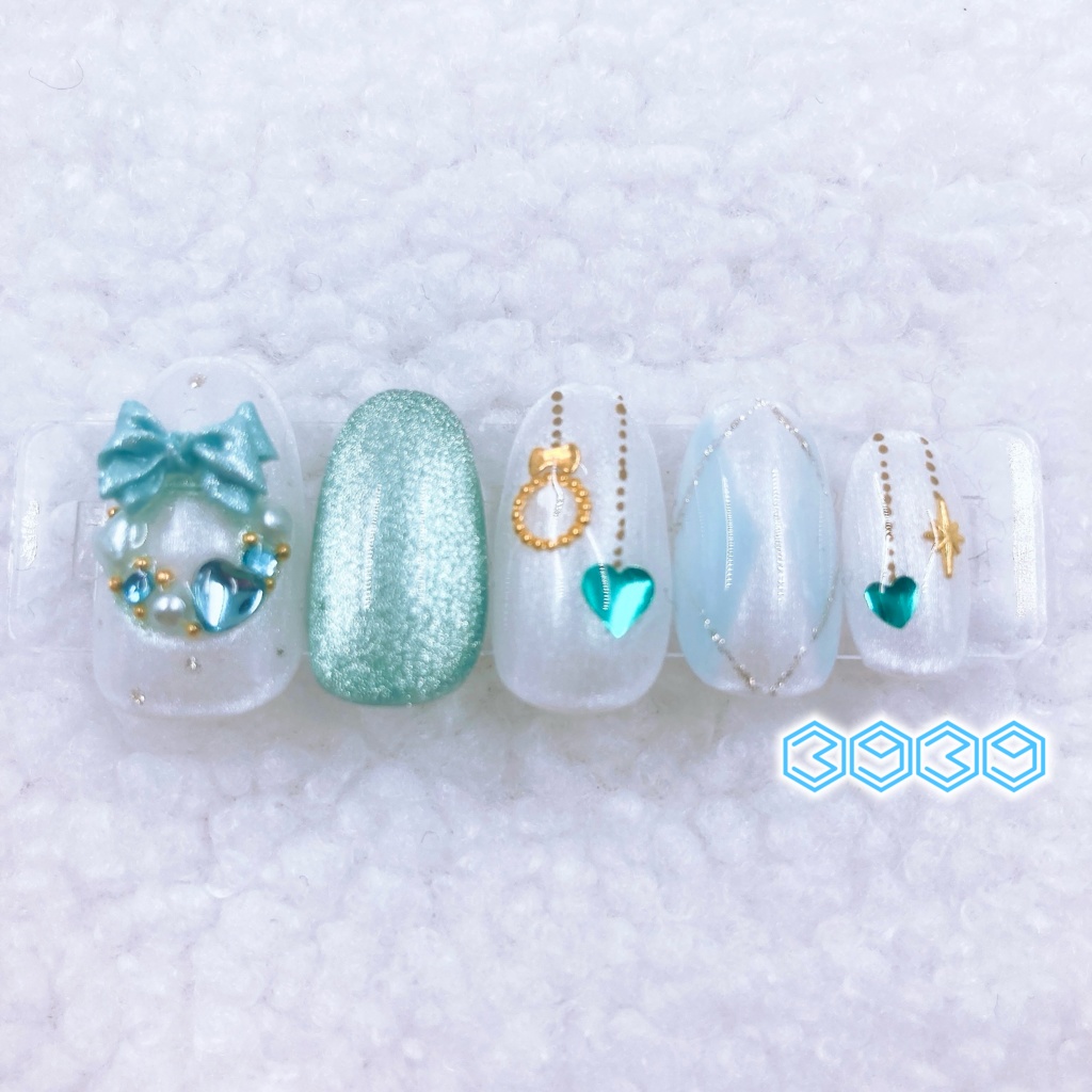 クリスマスリースネイル パープル ピンク ライトブルー ライトグリーン イエロー