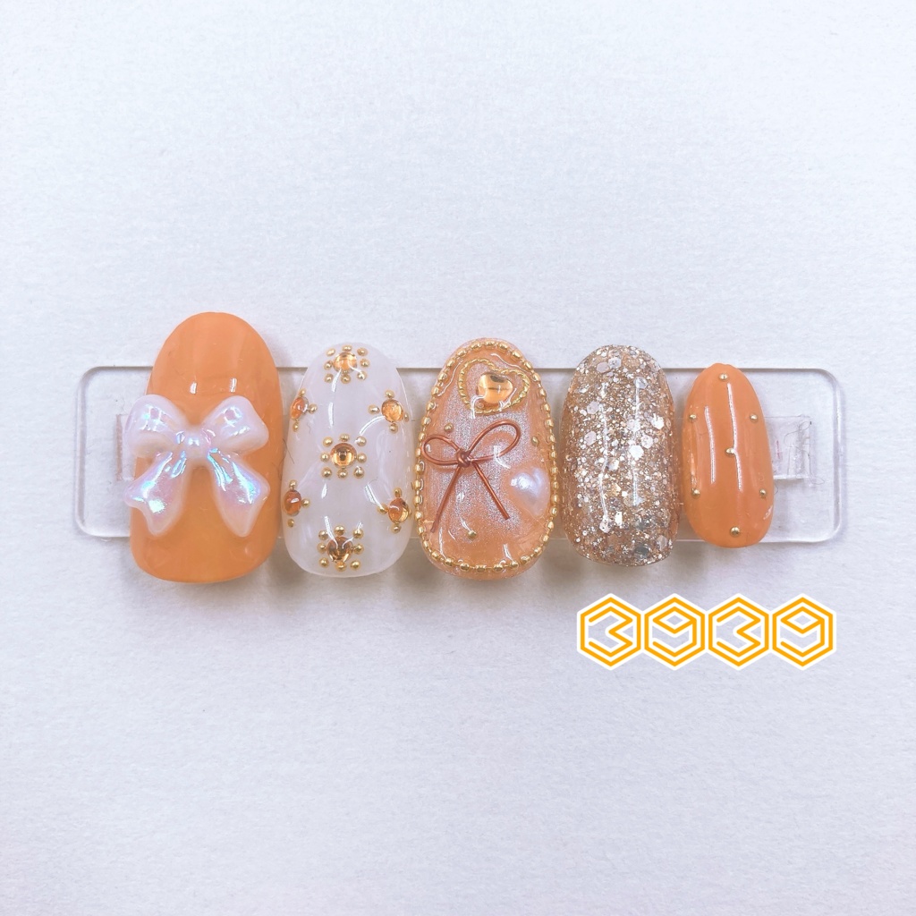 パールリボンネイルチップ オレンジ レッド ピンク パープル ブルー ライトブルー グリーン ライトグリーン