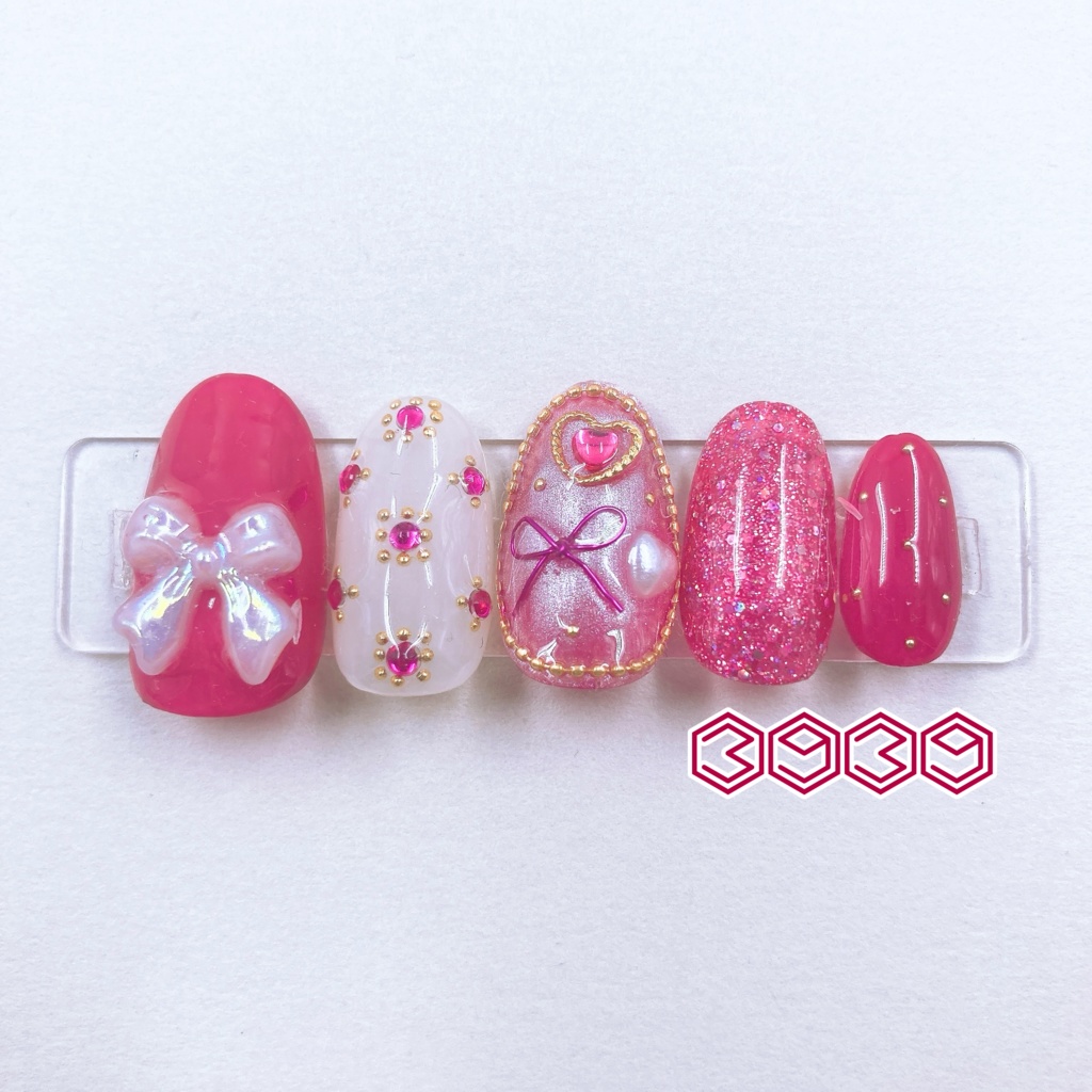 パールリボンネイルチップ オレンジ レッド ピンク パープル ブルー ライトブルー グリーン ライトグリーン