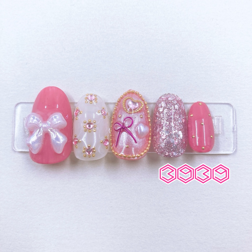 パールリボンネイルチップ オレンジ レッド ピンク パープル ブルー ライトブルー グリーン ライトグリーン