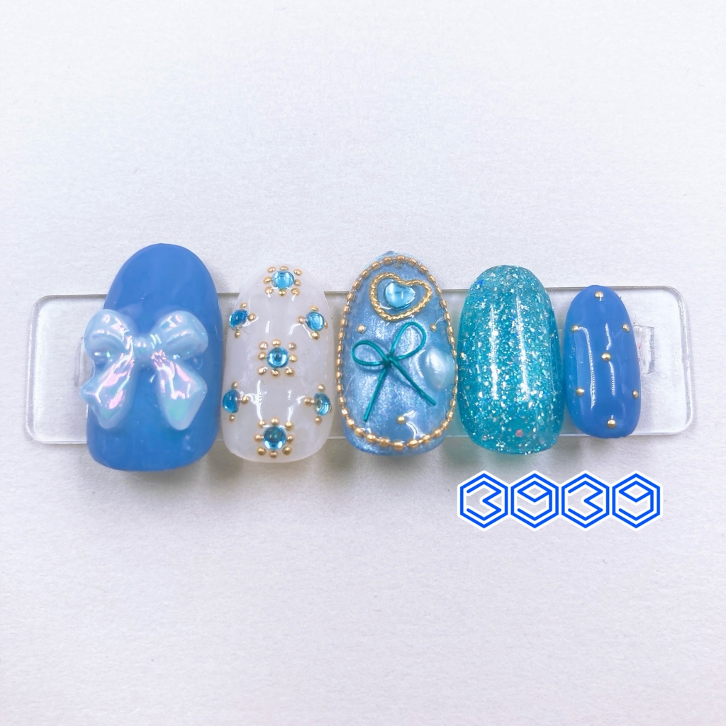 パールリボンネイルチップ オレンジ レッド ピンク パープル ブルー ライトブルー グリーン ライトグリーン