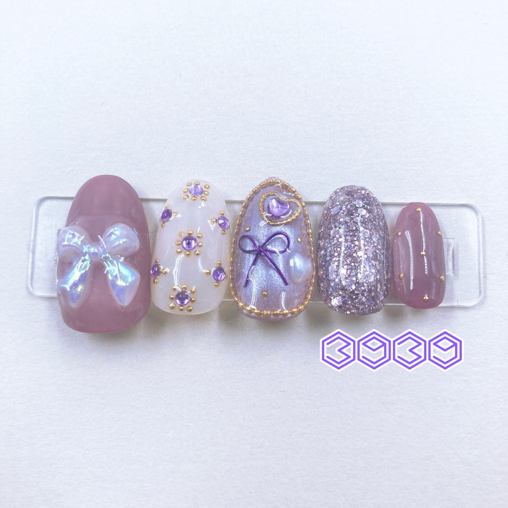 パールリボンネイルチップ オレンジ レッド ピンク パープル ブルー ライトブルー グリーン ライトグリーン