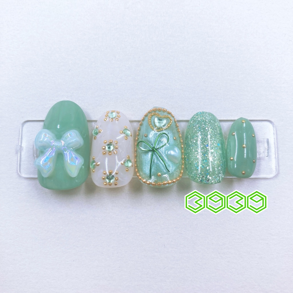 パールリボンネイルチップ オレンジ レッド ピンク パープル ブルー ライトブルー グリーン ライトグリーン