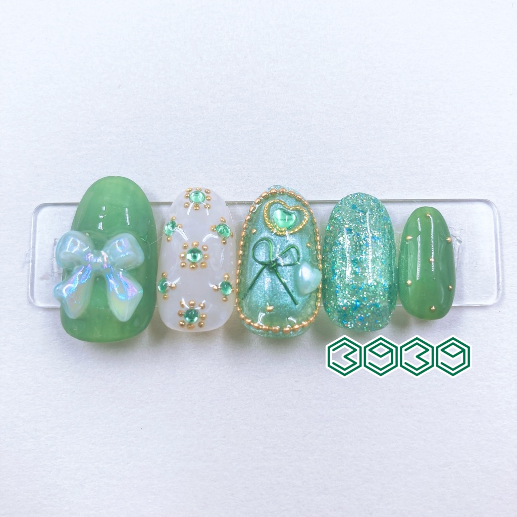 パールリボンネイルチップ オレンジ レッド ピンク パープル ブルー ライトブルー グリーン ライトグリーン