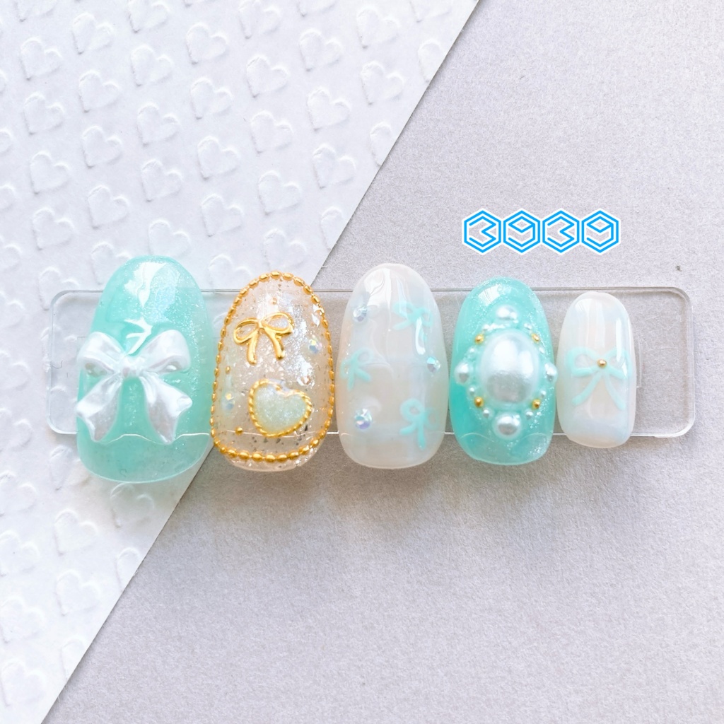 ネイルチップ パールリボン×手描きリボン パステルピンク パステルイエロー パステルグリーン パステルブルー パステルパープル ブラック