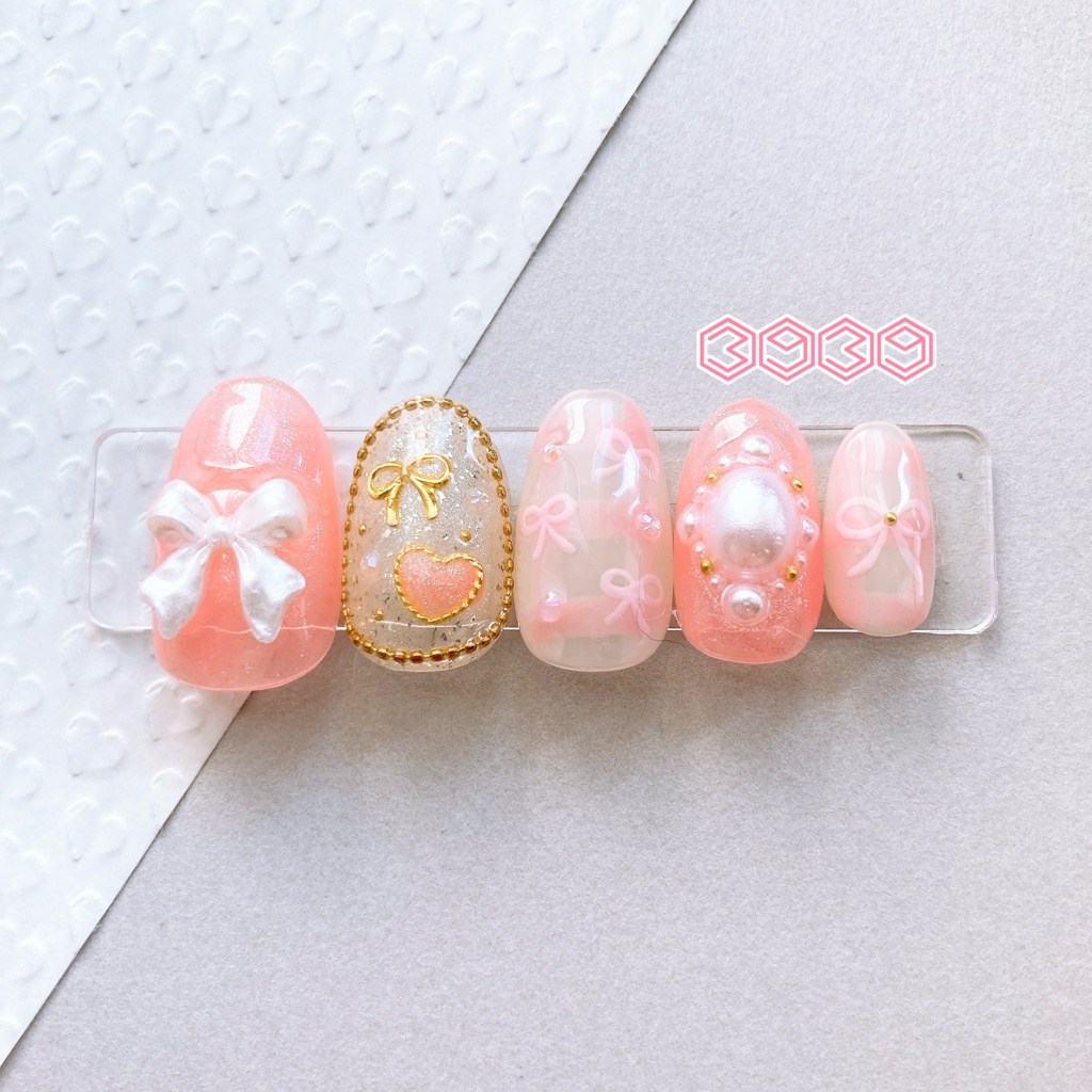 ネイルチップ パールリボン×手描きリボン パステルピンク パステルイエロー パステルグリーン パステルブルー パステルパープル ブラック