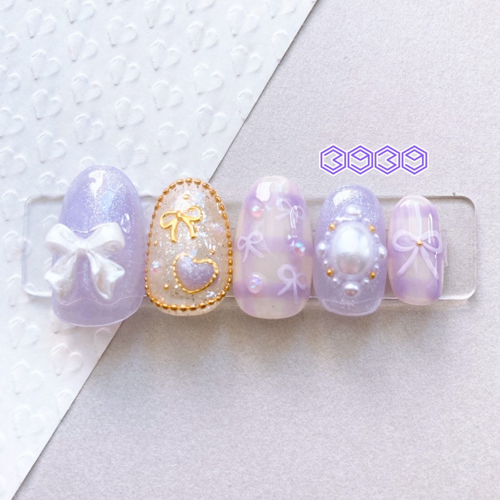 ネイルチップ パールリボン×手描きリボン パステルピンク パステルイエロー パステルグリーン パステルブルー パステルパープル ブラック