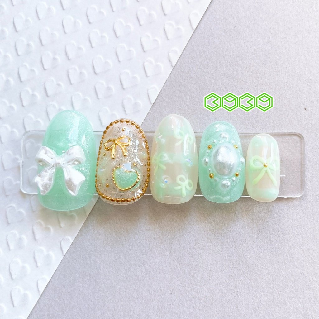 ネイルチップ パールリボン×手描きリボン パステルピンク パステルイエロー パステルグリーン パステルブルー パステルパープル ブラック