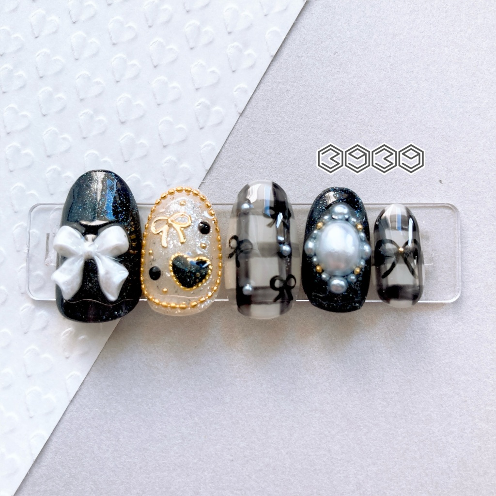 ネイルチップ パールリボン×手描きリボン パステルピンク パステルイエロー パステルグリーン パステルブルー パステルパープル ブラック