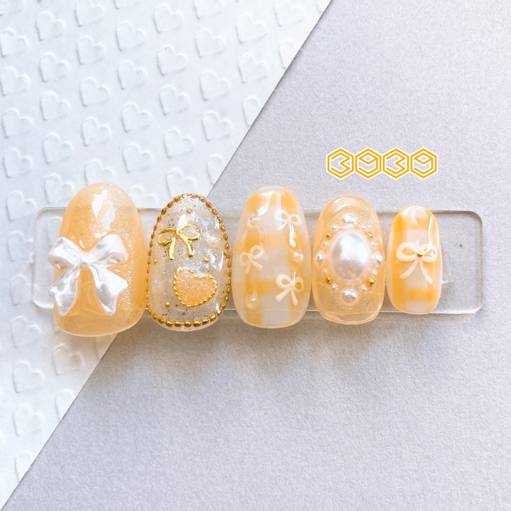 ネイルチップ パールリボン×手描きリボン パステルピンク パステルイエロー パステルグリーン パステルブルー パステルパープル ブラック