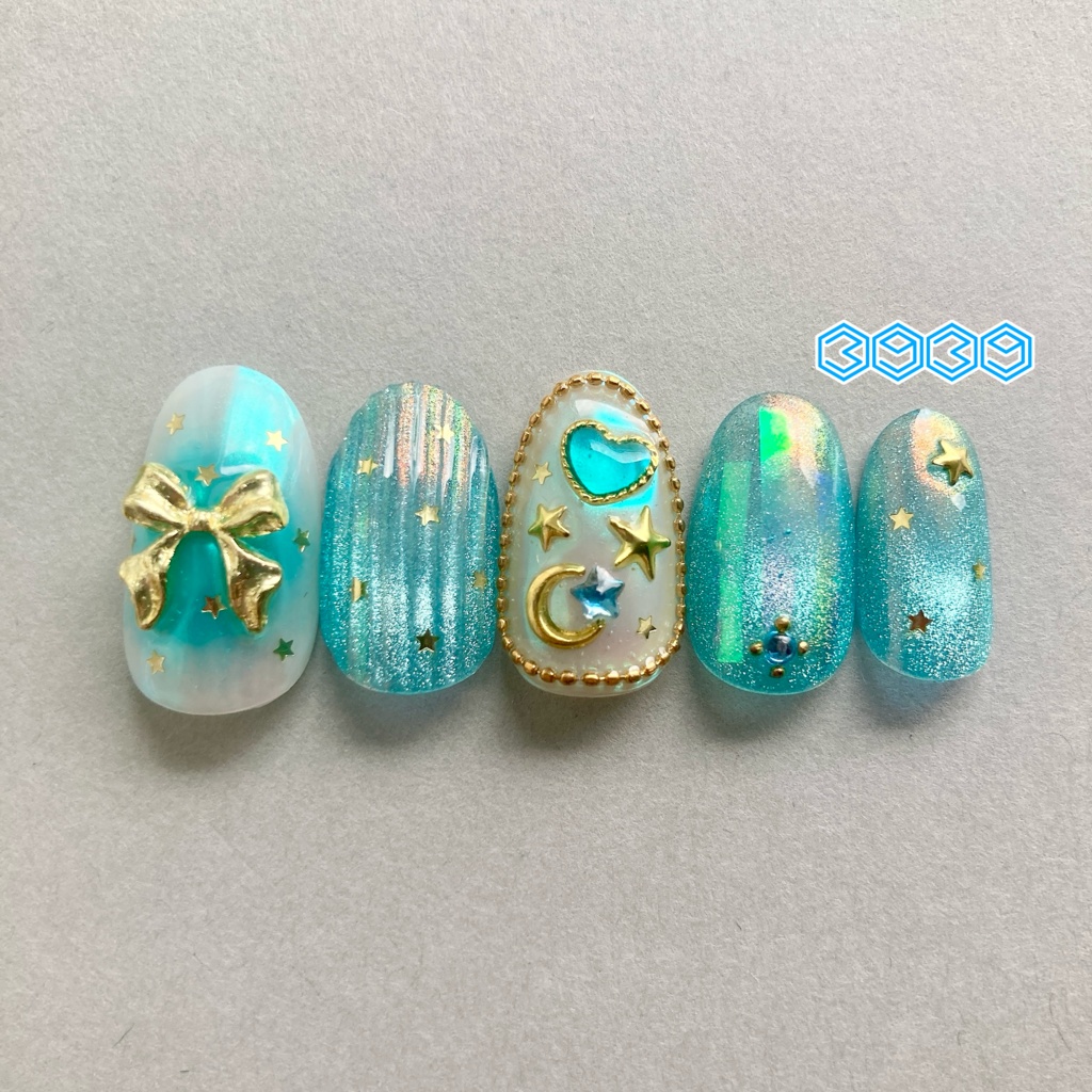 ネイルチップ 付け爪 空色ネイル×バカラネイル グリーン ブルー ライトブルー パープル ピンク レッド オレンジ イエロー 推し活ネイル