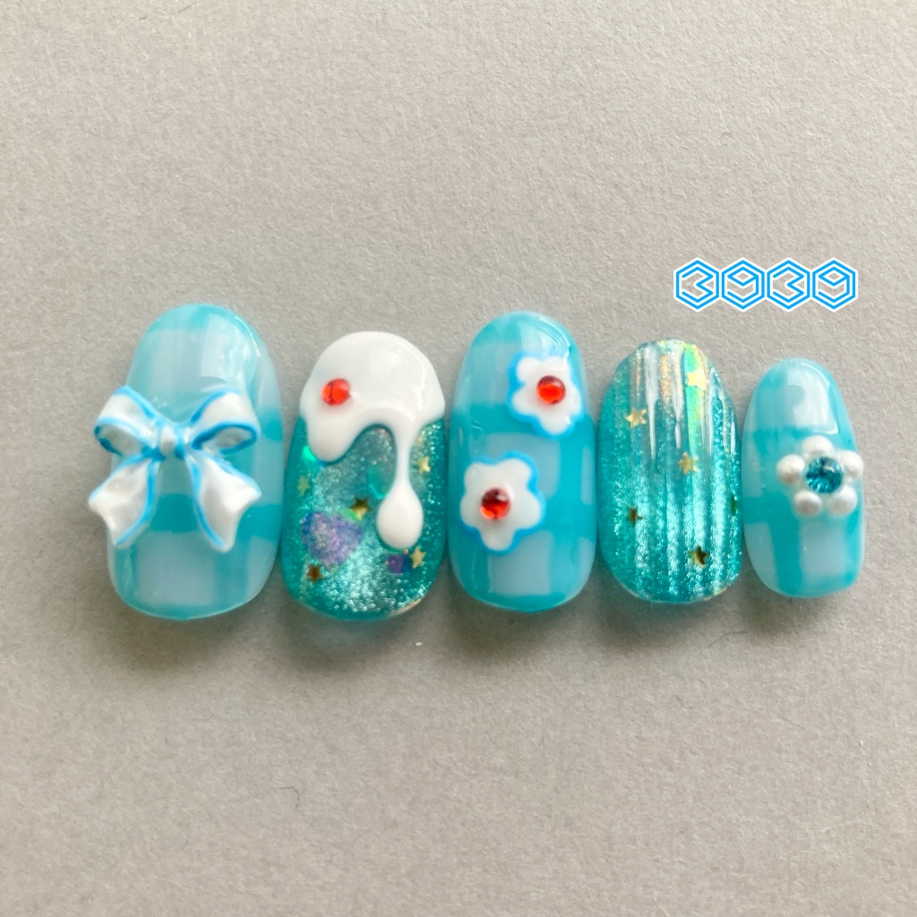 ネイルチップ 付け爪 クリームソーダネイル×バカラネイル グリーン ブルー ライトブルー パープル ピンク レッド オレンジ イエロー 推し活ネイル