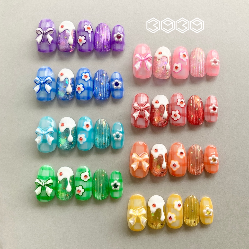 ネイルチップ　付け爪　クリームソーダネイル×バカラネイル　グリーン　ブルー　ライトブルー　パープル　ピンク　レッド　オレンジ　イエロー　推し活ネイル