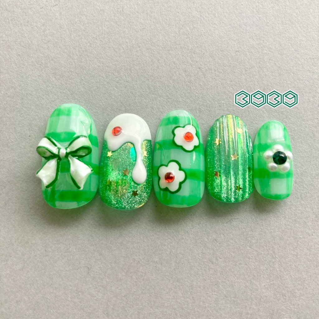 ネイルチップ 付け爪 クリームソーダネイル×バカラネイル グリーン ブルー ライトブルー パープル ピンク レッド オレンジ イエロー 推し活ネイル