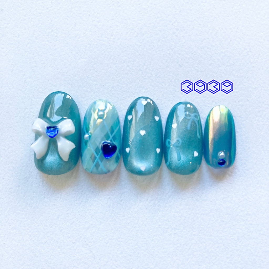 ネイルチップ 推し色うるうるリボンネイル レッド ピンク オレンジ イエロー グリーン ライトブルー ブルー パープル パステルカラーネイル バレエコアネイル