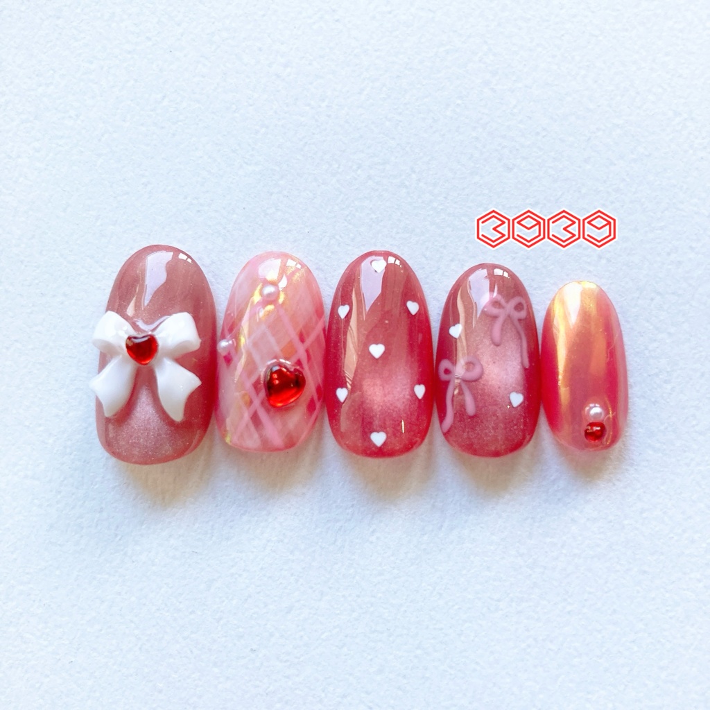 ネイルチップ 推し色うるうるリボンネイル レッド ピンク オレンジ イエロー グリーン ライトブルー ブルー パープル パステルカラーネイル バレエコアネイル