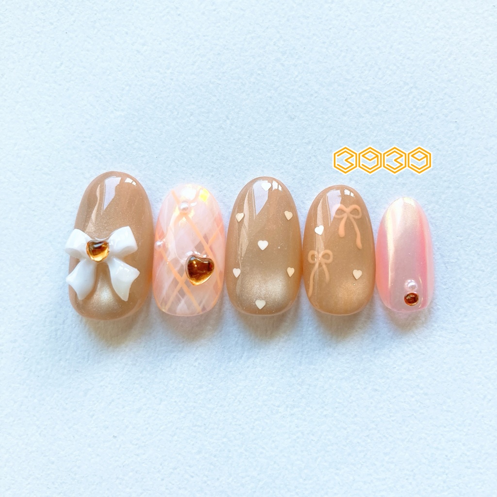 ネイルチップ 推し色うるうるリボンネイル レッド ピンク オレンジ イエロー グリーン ライトブルー ブルー パープル パステルカラーネイル バレエコアネイル